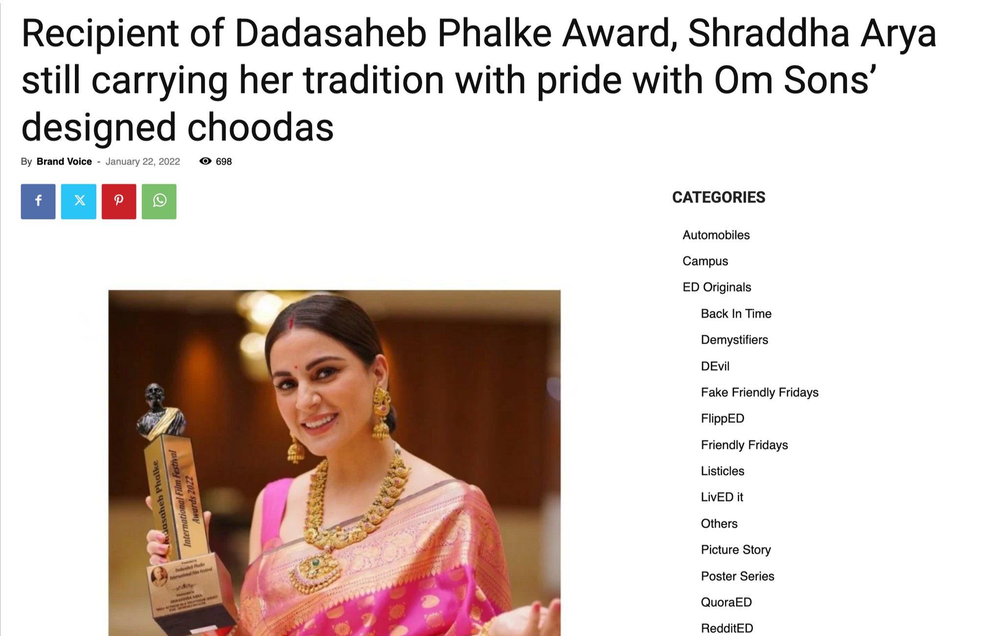 Recipient of Dadasaheb Phalke Award, Shraddha Arya still carrying her tradition with pride with Om Sons’ designed Choodas